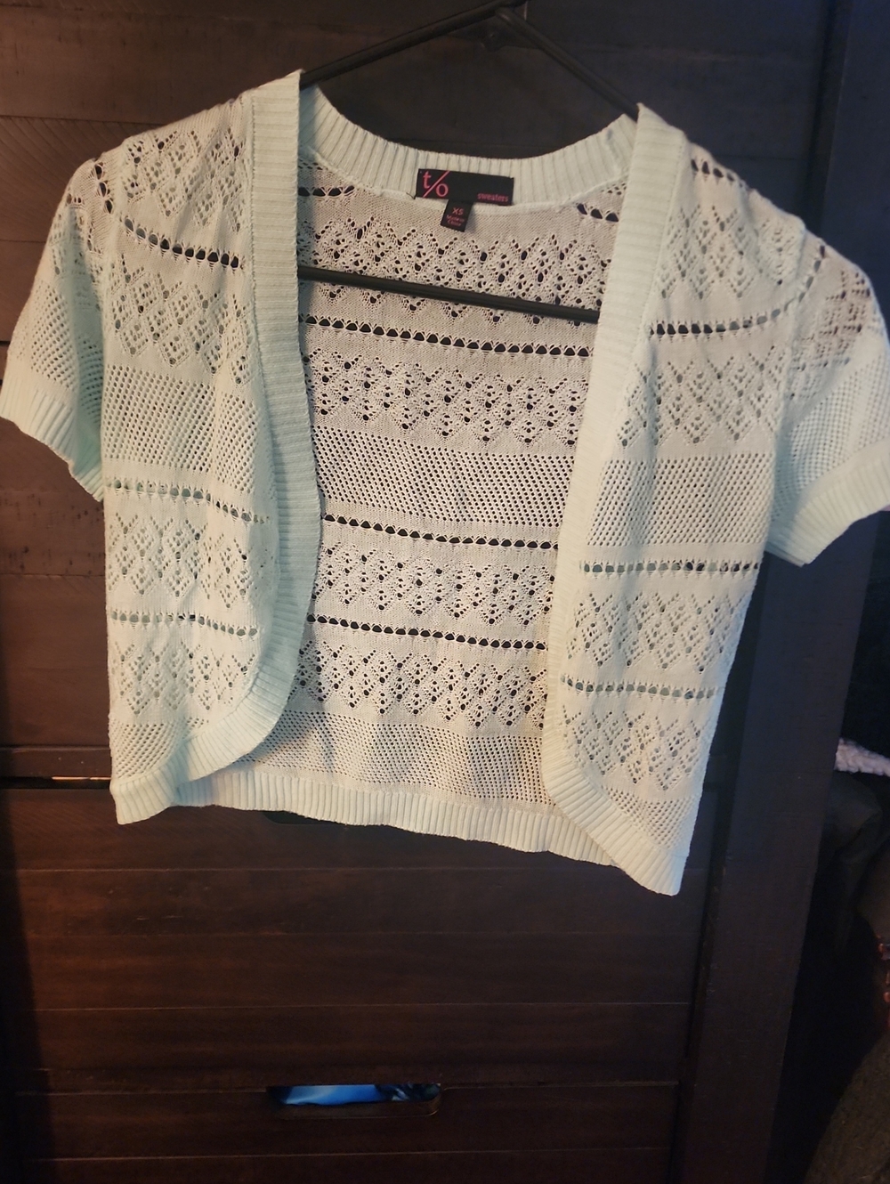 t/o Pale Mint Openwork Cropped Short-Sleeve Cardigan